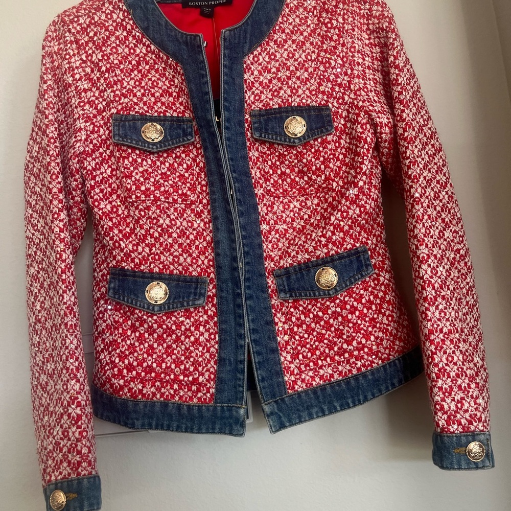 Boston Proper Red Tweed Blazer with Blue Denim Trim